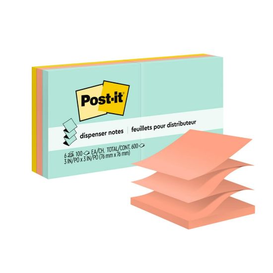 Picture of Post-it Dispenser Pop-up Notes, 600 Total Notes, Pack Of 6 Pads, 3in x 3in, Beachside Cafe Collection, 100 Notes Per Pad