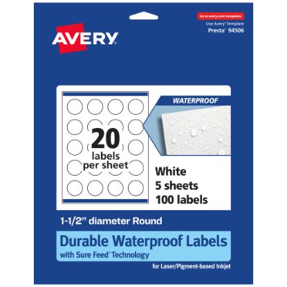 Picture of Avery Waterproof Permanent Labels With Sure Feed, 94506-WMF5, Round, 1-1/2in Diameter, White, Pack Of 100