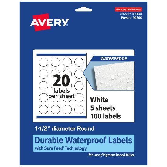 Picture of Avery Waterproof Permanent Labels With Sure Feed, 94506-WMF5, Round, 1-1/2in Diameter, White, Pack Of 100