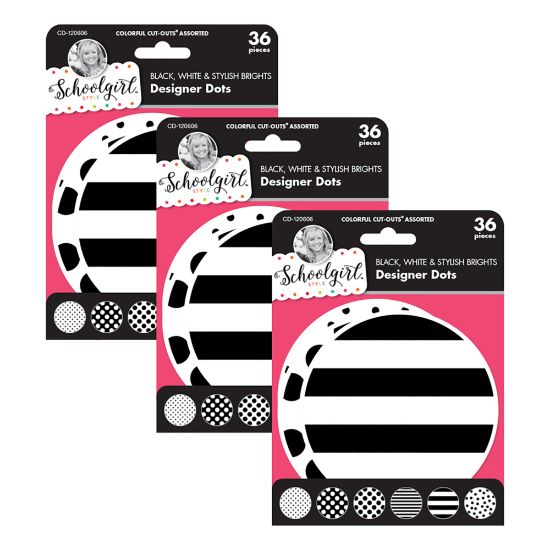 Picture of Carson Dellosa Education Cut-Outs, Schoolgirl Style Black, White & Stylish Brights Designer Dots, 36 Cut-Outs Per Pack, Set Of 3 Packs