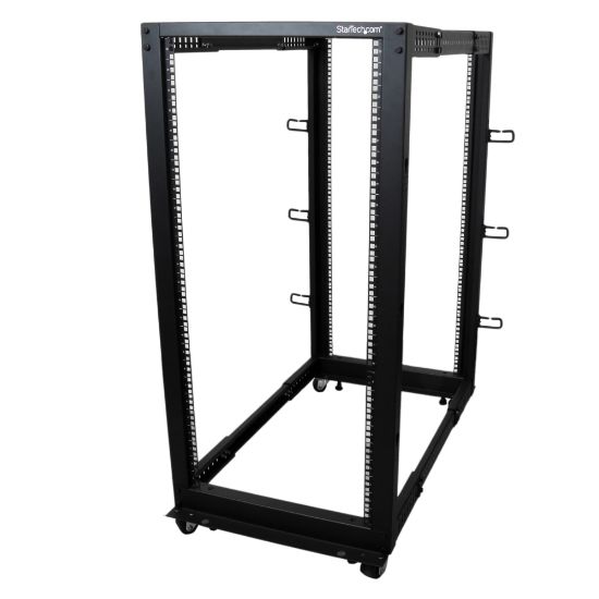 Picture of StarTech.com 25U Adjustable Depth Open Frame 4 Post Server Rack w/ Casters / Levelers and Cable Management Hooks - For Server, LAN Switch, A/V Equipment, Patch Panel, KVM Switch - 25U Rack Height x 18.30in Rack Width x 40in Rack Depth - Floor Standing