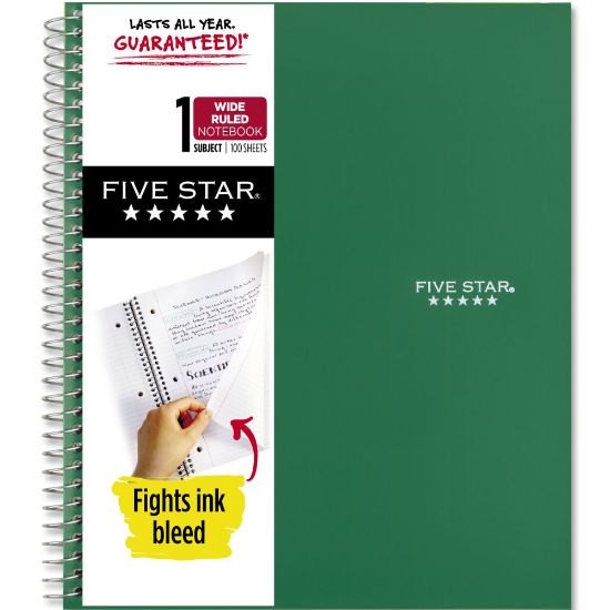 Picture of Five Star Wirebound Notebook, 8in x 10-1/2in, 1 Subject, Wide Ruled, 100 Sheets, Forest Green