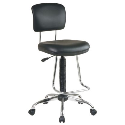 Picture of Chrome Finish Economical Chair with Teardrop Footrest.; Pneumatic Drafting Chair with Vinyl Stool and Back.; Height Adjustment 26in to 36in overall.; Heavy Duty Chrome Base with Dual Wheel Carpet Casters.;