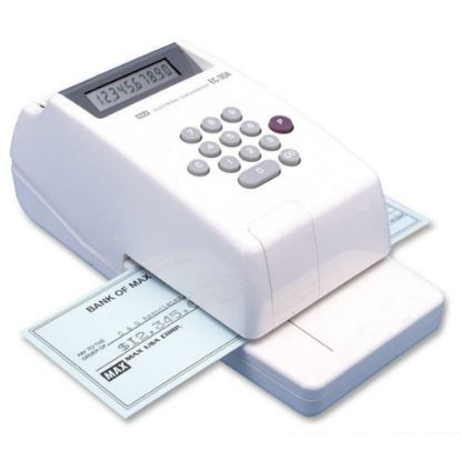 Picture of MAX USA Electronic Check Writer, 10-Digit, 3 13/16in x 4 7/16in x 9 1/8in, Gray/Platinum