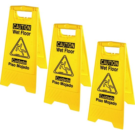 Picture of Genuine Joe Universal Graphic Wet Floor Sign - 3 / Bundle - Wet Floor Print/Message - Foldable - Yellow