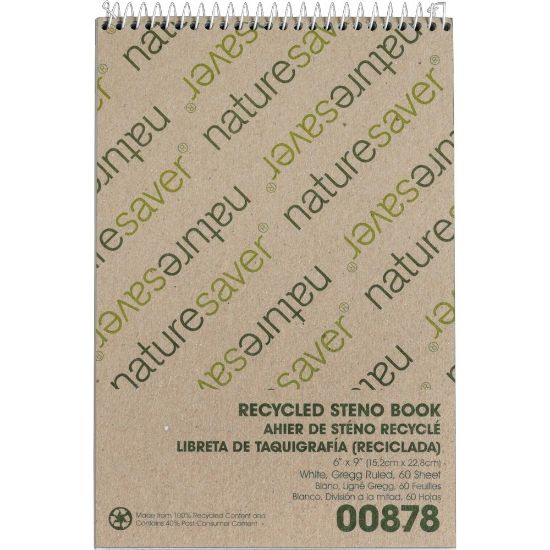 Picture of Nature Saver Recycled Steno Book - 60 Sheets - Spiral - 6in x 9in - White Paper - Chipboard Cover - Back Board - Recycled - 1 / Each