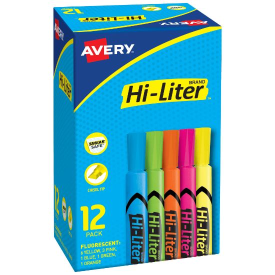 Picture of Avery Hi-Liter SmearSafe Highlighters, Chisel Tip, Desk-Style, Assorted, Pack Of 12 Highlighters