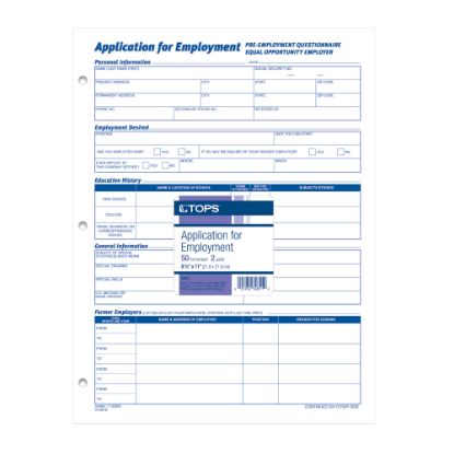 Picture of TOPS Employment Application Forms - 50 Sheet(s) - Gummed - 8.50in x 11in Sheet Size - White - White Sheet(s) - Black Print Color - 2 / Pack