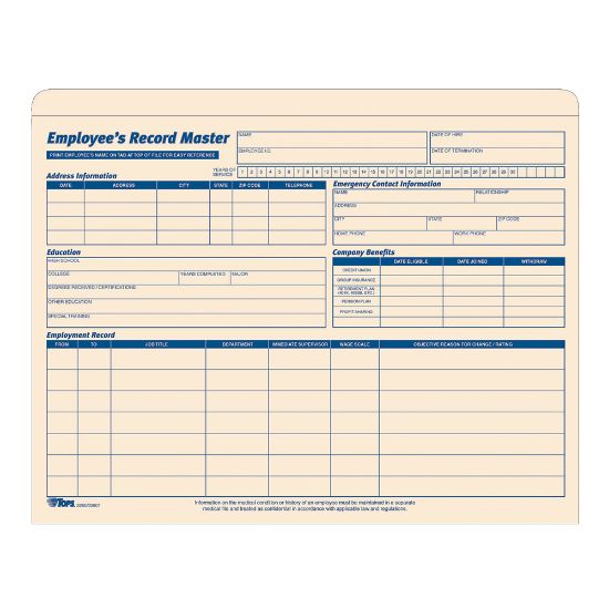 Picture of TOPS Employee Record Master File Jackets, 11 3/4in x 9 1/2in, Manila, Pack Of 20