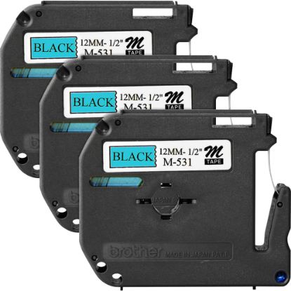 Picture of Brother P-touch Nonlaminated M Series Tape Cartridge, 1/2inW x 26 1/5L , Rectangle, Blue, Black, 3 Per Bundle