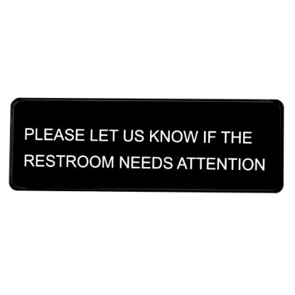 Picture of Alpine "Please Let Us Know If The Restroom Needs Attention Signs, 3in x 9in, Black/White, Pack Of 15 Signs