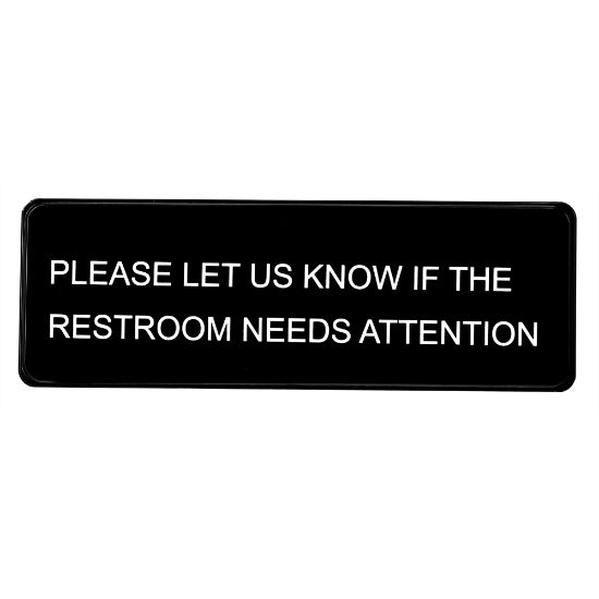 Picture of Alpine "Please Let Us Know If The Restroom Needs Attention Signs, 3in x 9in, Black/White, Pack Of 15 Signs