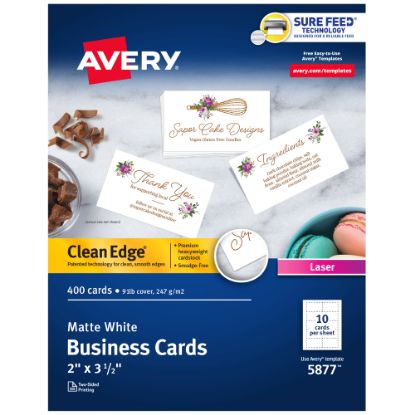 Picture of Avery Clean Edge Printable Business Cards With Sure Feed Technology for Laser Printers, 2in x 3.5in, White, 400 Blank Cards