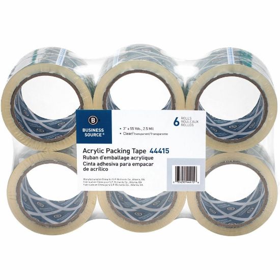 Picture of Business Source Acrylic Packing Tape - 55 yd Length x 3in Width - 2.5 mil Thickness - 3in Core - Pressure-sensitive Poly - Acrylic Backing - For Mailing, Shipping, Storing - 6 / Pack - Clear