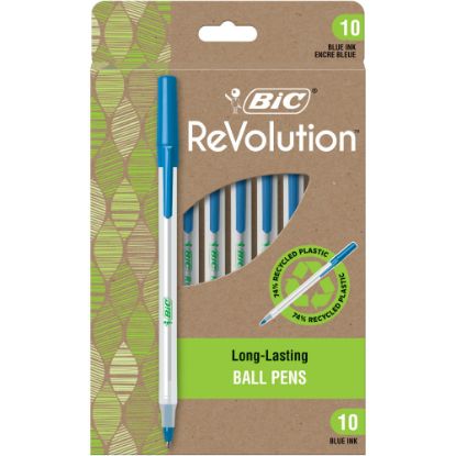 Picture of BIC ReVolution Round Stic Pens, Medium Point, 1.0 mm, 74% Recycled, Semi-Clear Barrel, Blue Ink, Pack Of 10 Pens