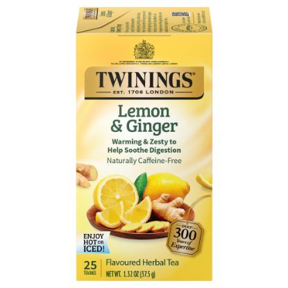 Picture of Twinings Lemon & Ginger Herbal Decaffeinated Tea Bags, 1.32 Oz, Box Of 25