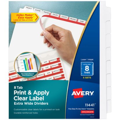 Picture of Avery Customizable Index Maker Extra-Wide Dividers For 3 Ring Binder, Easy Print & Apply Clear Label Strip, 8 Tab, Pack Of 5 Sets