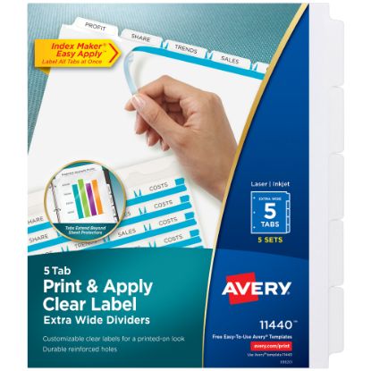 Picture of Avery Customizable Index Maker Extra-Wide Dividers For 3 Ring Binder, Easy Print & Apply Clear Label Strip, 5 Tab, Pack Of 5 Sets