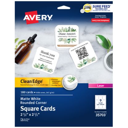 Picture of Avery Clean Edge Printable Square Cards With Sure Feed Technology & Rounded Corners, 2.5in x 2.5in, White, 180 Blank Cards For Laser Printers