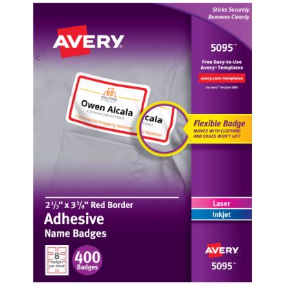 Picture of Avery Flexible Name Badge Labels, 2 1/3in x 3 3/8in, White With Red Border, Box Of 400