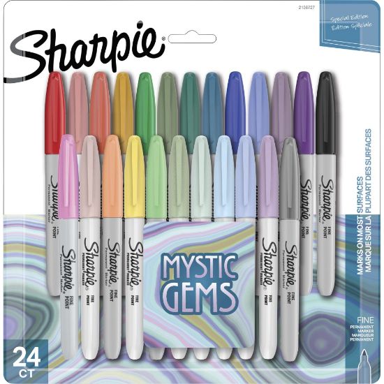 Picture of Sharpie Mystic Gems Permanent Markers, Fine Point, White Barrels, Assorted Ink Colors, Set Of 24 Markers