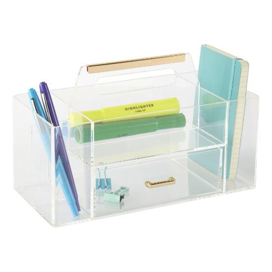 Picture of Realspace Vayla Acrylic Desktop Caddy With Handle, 6inH x 9-7/8inW x 4-3/4inD, Clear/Gold