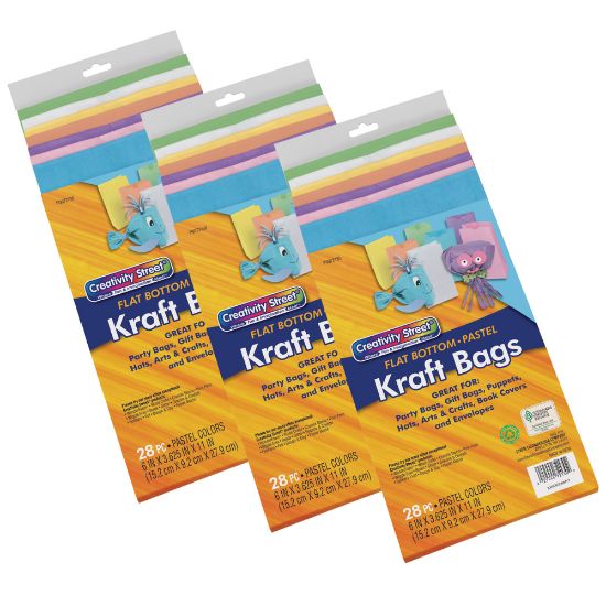 Picture of Creativity Street Kraft Bags, 6in x 3-5/8in x 11in, Assorted Pastel Colors, 28 Bags Per Pack, Set Of 3 Packs