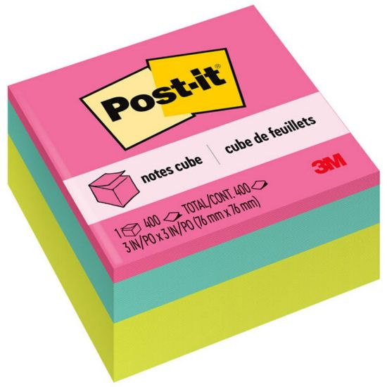 Picture of Post-it Notes Cube, 3 in. x 3 in., Bright Colors, Power Pink, Aqua Splash, Acid Lime, 400 Sheets/Cube, 1 Cube/Pack