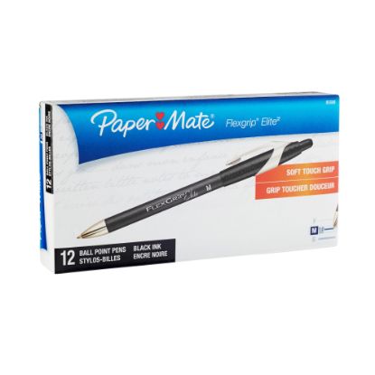 Picture of Paper Mate FlexGrip Elite Retractable Ballpoint Pens, Medium Point, 1.0 mm, Black Barrel, Black Ink, Pack Of 12 Pens