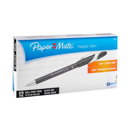 Picture of Paper Mate FlexGrip Elite Ballpoint Stick Pens, Medium Point, 1.0 mm, Black Barrel, Black Ink, Pack Of 12