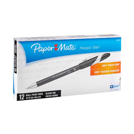 Picture of Paper Mate FlexGrip Elite Ballpoint Stick Pens, Medium Point, 1.0 mm, Black Barrel, Black Ink, Pack Of 12