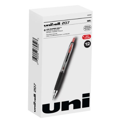 Picture of uni-ball 207 Retractable Fraud Prevention Gel Pens, Medium Point, 0.7 mm, Black Barrels, Red Ink, Pack Of 12