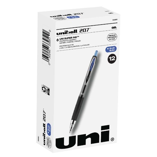 Picture of uni-ball 207 Retractable Fraud Prevention Gel Pens, Medium Point, 0.7 mm, Black Barrels, Blue Ink, Pack Of 12