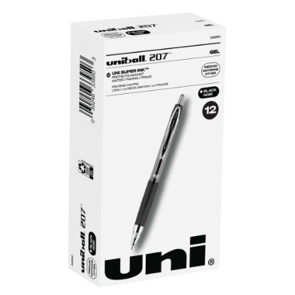 Picture of uni-ball 207 Retractable Fraud Prevention Gel Pens, Medium Point, 0.7 mm, Black Barrels, Black Ink, Pack Of 12 Pens