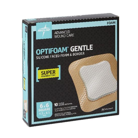 Picture of Medline Optifoam Gentle Silicone-Faced Foam & Border Dressings, 6in x 6in, Natural, Box Of 10