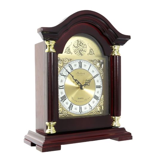 Picture of Bedford Clocks Brass Collection Mantel Clock, 11-3/4inH x 14-3/4inW x 5inD, Redwood