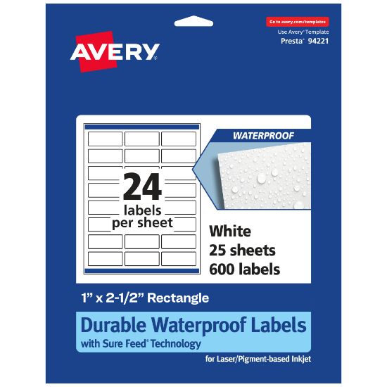 Picture of Avery Waterproof Permanent Labels With Sure Feed, 94221-WMF25, Rectangle, 1in x 2-1/2in, White, Pack Of 600