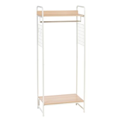 Picture of IRIS Metal Garment Rack With Wood Shelves And Side Racks, 60-7/8inH x 25-1/4inW x 15-3/16inD, White/Light Brown