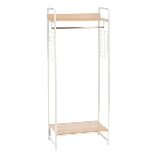 Picture of IRIS Metal Garment Rack With Wood Shelves And Side Racks, 60-7/8inH x 25-1/4inW x 15-3/16inD, White/Light Brown