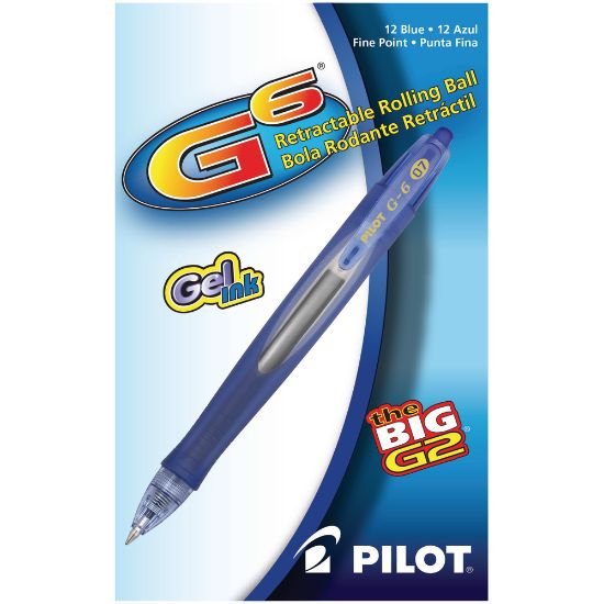 Picture of Pilot G-6 Retractable Gel Ink Rollerball Pens, Fine Point, 0.7 mm, Blue Barrel, Blue Ink, Pack Of 12