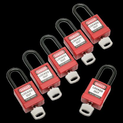 Picture of SKILCRAFT Keyed-Alike Plastic Lockout Padlock, 1 7/8in x 1 3/8in, Red, Pack Of 6