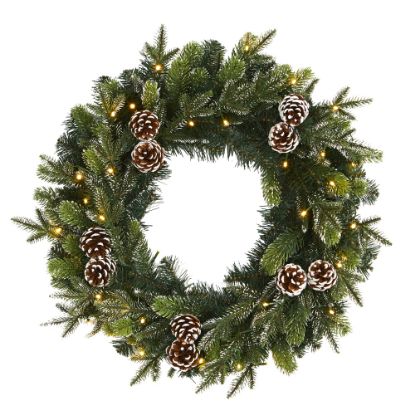 Picture of Nearly Natural 24inH Snowed Pine Cone Artificial Christmas Wreath With 35 LED Lights, 24in x 5in, Green