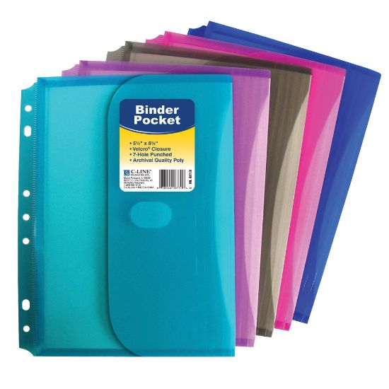 Picture of C-Line Mini-Size Binder Pockets, 5 1/2in x 8 1/2in, 1/2in Capacity, Assorted Colors, Pack Of 18