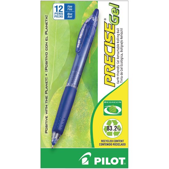 Picture of Pilot Precise BeGreen Gel Retractable Rollerball Pens, Fine Point, 0.7 mm, 83% Recycled, Blue Translucent Barrel, Blue Ink, Pack Of 12