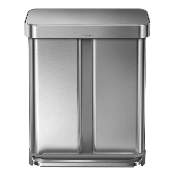 Picture of simplehuman Rectangular Stainless Steel Dual-Compartment Step Can, 15.3 Gallons, Brushed Stainless Steel