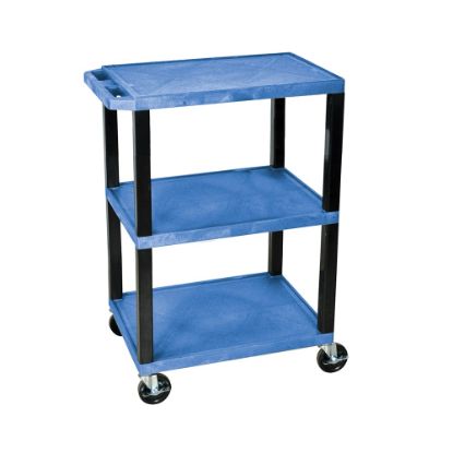 Picture of H. Wilson 3-Shelf Plastic Specialty Utility Cart, 34inH x 24inW x 18inD, Blue Shelves/Black Legs