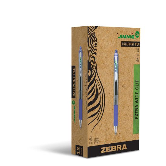 Picture of Zebra Pen Eco Jimnie Clip Retractable Ballpoint Pens, Pack Of 12, Medium Point, 1.0 mm, Blue Barrel, Blue Ink