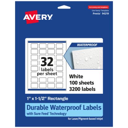 Picture of Avery Waterproof Permanent Labels With Sure Feed, 94219-WMF100, Rectangle, 1in x 1-1/2in, White, Pack Of 3,200