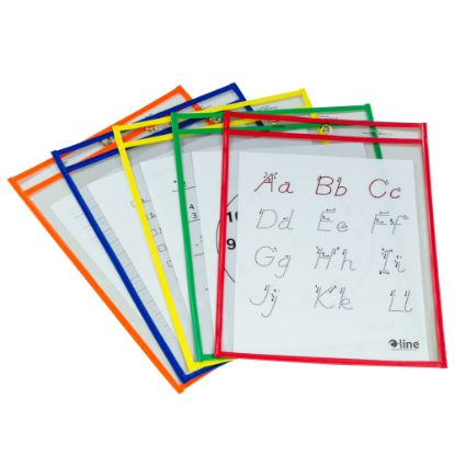 Picture of C-Line Reusable Dry-Erase Pockets, 9in x 12in, Assorted Colors, Pack Of 5 Pockets