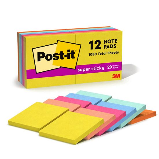 Picture of Post-it Super Sticky Notes, 3 in x 3 in, 12 Pads, 90 Sheets/Pad, 2x the Sticking Power, Summer Joy Collection